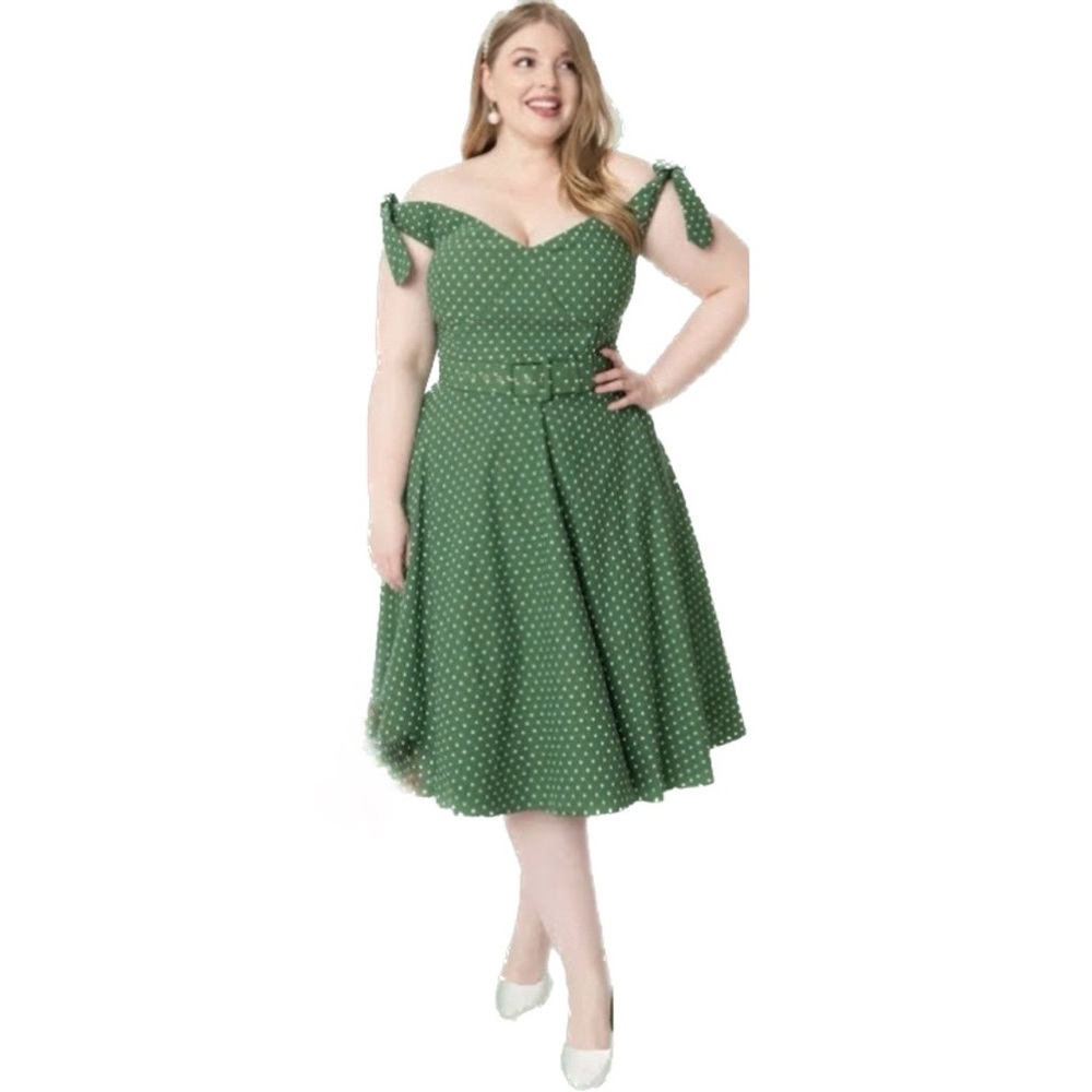 Unique Vintage Green and white Pin Dot Swing Dress Plus Size 1950s Inspired